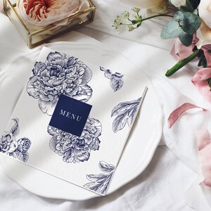Marineblaues Blumenhochzeitsmenü - Gefaltetes Hochzeitsmenü - Menü mariage - Hochzeitstischdekor - Gedruckte Menüs