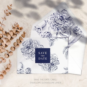 Hochzeit-Save-The-Date-Karten, Dunkelblaue Blumenhochzeit-Save The Dates, Personalisierte Save The Date-Karten