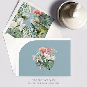 Blumenstaubblaue Hochzeits-Save-the-Date - Moderne Hochzeits-Save-the-Date-Karten - Gedruckte Save-the-Dates