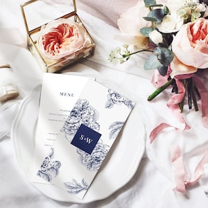 Bloemen bruiloft menukaarten marineblauw - Marine trouwmenu - Botanisch huwelijksdecor - Gepersonaliseerde gedrukte menu's