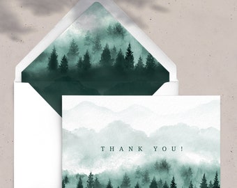 Mountain Forest Wedding Thank You Card - Watercolor Thank You Cards - Couple Thank You Cards - Printed Cards