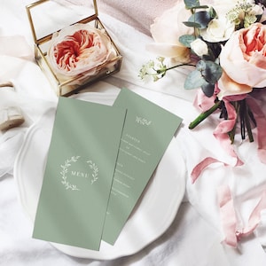 Italienische Menükarten für die Hochzeit im Grünen, Menükarten für die Hochzeit am Olivenzweig, Menükarten für die Hochzeit im Grünen, Salbeigrüne Hochzeit, Personalisierte Menükarten