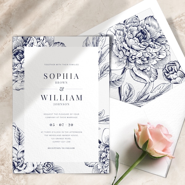 Navy blue winter wedding invitations floral, Botanical wedding invitation set - PRINTED on luxury Italian paper