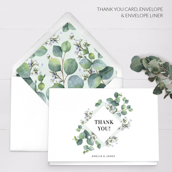 Wedding thank you cards pack, Eucalyptus greenery thank you cards, Floral thank you cards, Personalized printed thank you cards