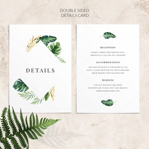 Tarjeta de detalles de boda tropical - Tarjetas de detalles de boda de destino - Tarjeta de información de boda en la playa - Tarjetas de detalles impresas