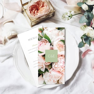 Bruiloftsmenu, bloemenbruiloftsmenu, rustiek chique bruiloftsdecor, gepersonaliseerd gedrukt menu
