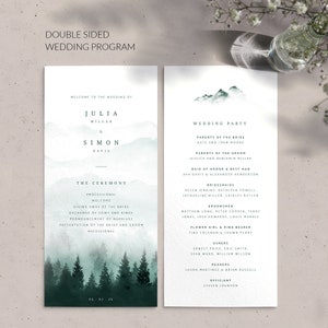 Boho-Hochzeitsprogramm – Dienstordnungskarte für die Hochzeit im Freien im Bergwald – Vorlage für ein katholisches Hochzeitsprogramm – Gedruckte Hochzeitsprogramme