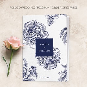 Navy wedding programs folded Floral order of service Wedding program template folded Printed wedding programs image 1