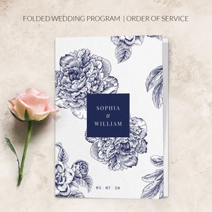 Navy wedding programs folded - Floral order of service - Wedding program template folded - Printed wedding programs