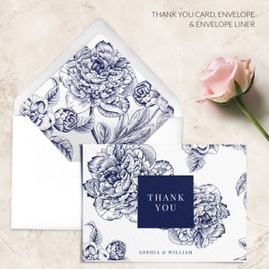 Bruiloft dank u kaarten gepersonaliseerd - marineblauw dank u kaartsjabloon - bloemen dank u kaarten - gedrukte dank u kaarten
