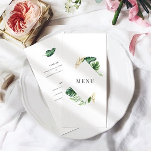 Tropisch bruiloftsmenu, bruiloftsmenukaarten, bestemmingsbruiloftsmenu, gepersonaliseerd gedrukt menu.
