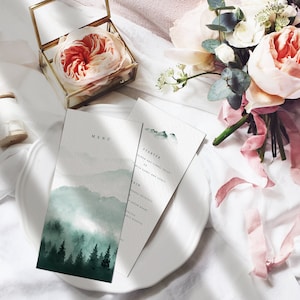 Cartes de menu de mariage en montagne, menu du dîner de répétition, menu d'automne, menus imprimés personnalisés