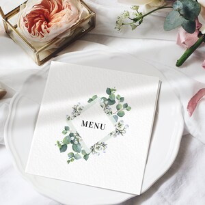 Menu weselne z eukaliptusową zielenią - Składane menu weselne - dekoracje weselne z eukaliptusem - Drukowane menu