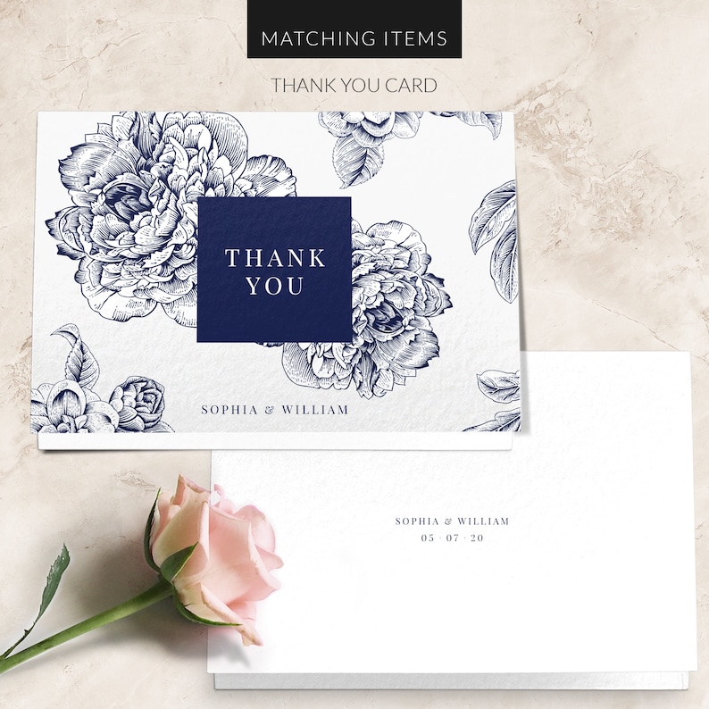 Navy blue wedding invitation SAMPLE Floral Wedding Invitation Wedding Invite PRINTED non-personalised sample image 8