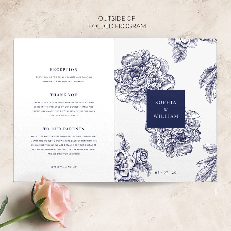 Navy wedding programs folded Floral order of service Wedding program template folded Printed wedding programs image 2