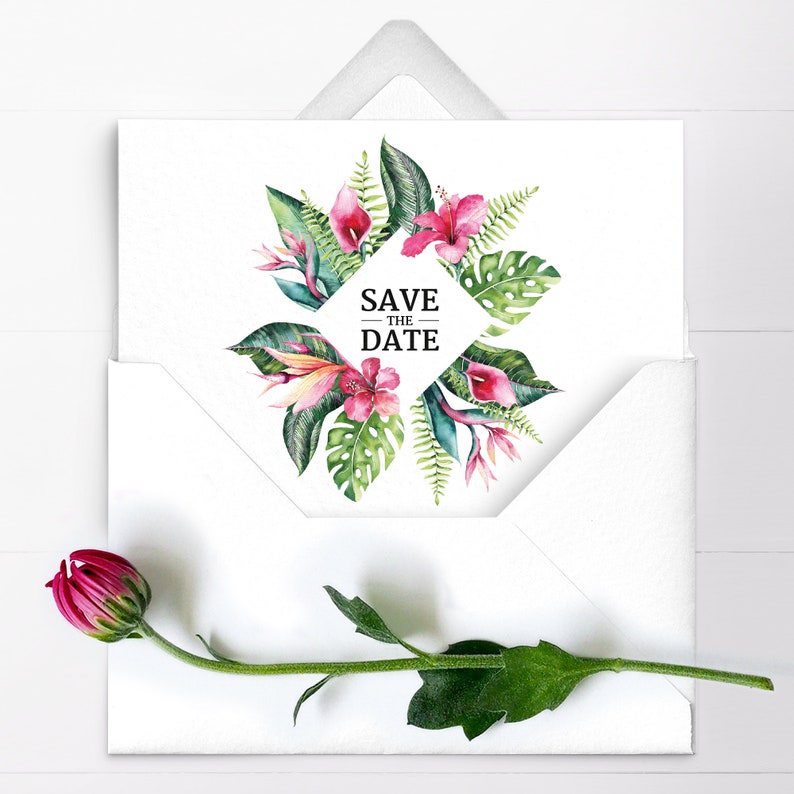 Envelopes Tropical Save The Date destination wedding Floral Wedding Save The Dates Personalized Printed Cards or Digital Printable PDF