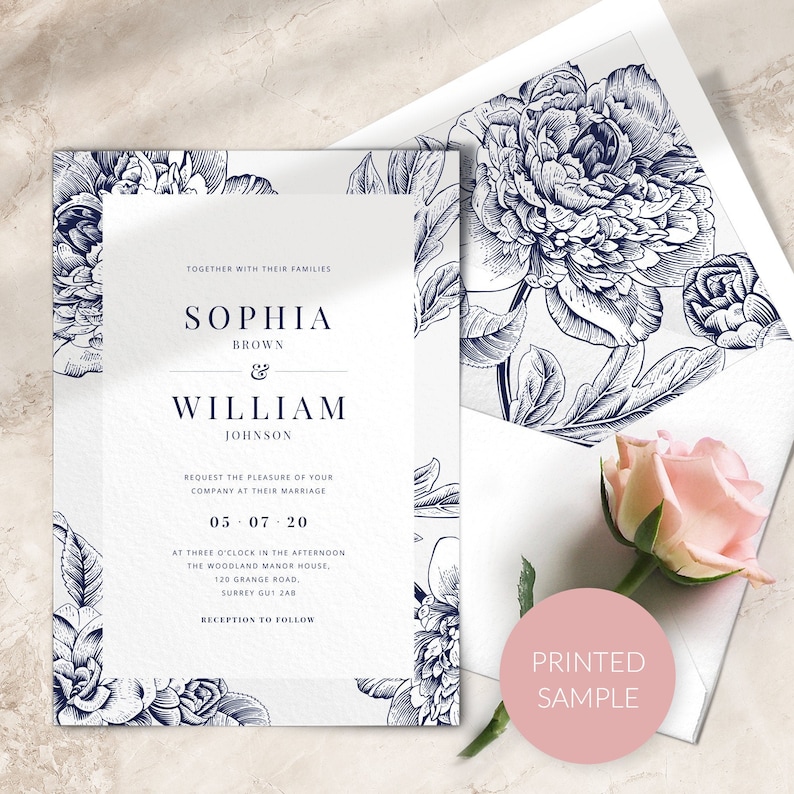 Navy blue wedding invitation SAMPLE Floral Wedding Invitation Wedding Invite PRINTED non-personalised sample image 1