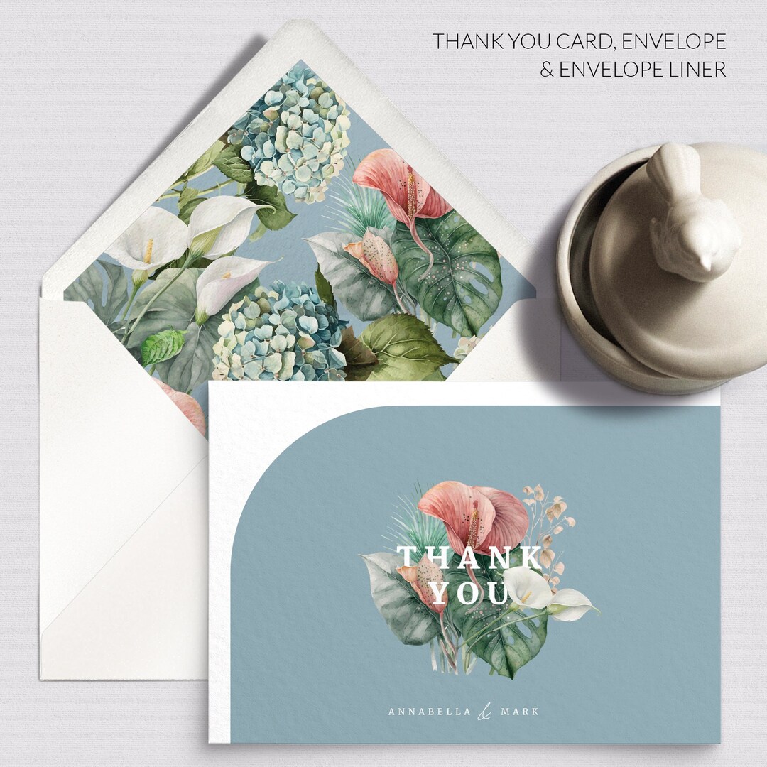 Dusty Blue Wedding Thank You Cards - Floral Thank You Card - Bridal ...