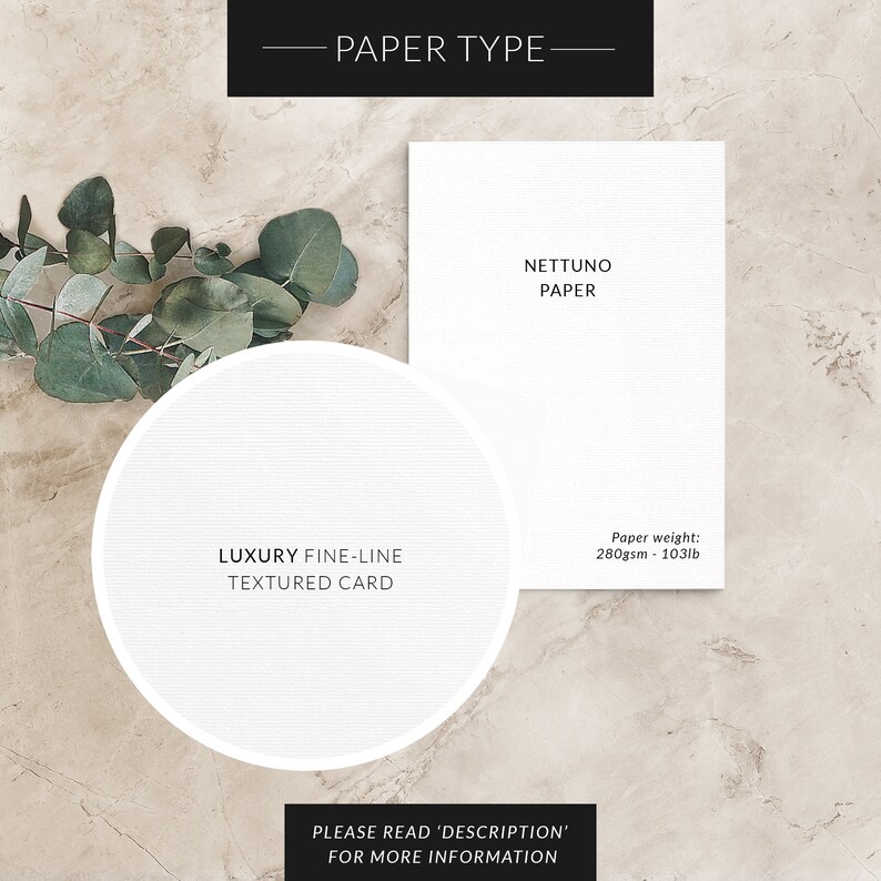 May include: A white card with the text "LUXURY FINE-LINE TEXTURED CARD" and a white card with the text "NETTUNO PAPER" and "Paper weight: 280gsm - 103lb".