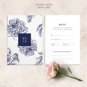 Marineblaue Antwortkarten Hochzeit - Floral Antwortkarten - Botanische Antwortkarten - Personalisierte bedruckte Antwortkarten
