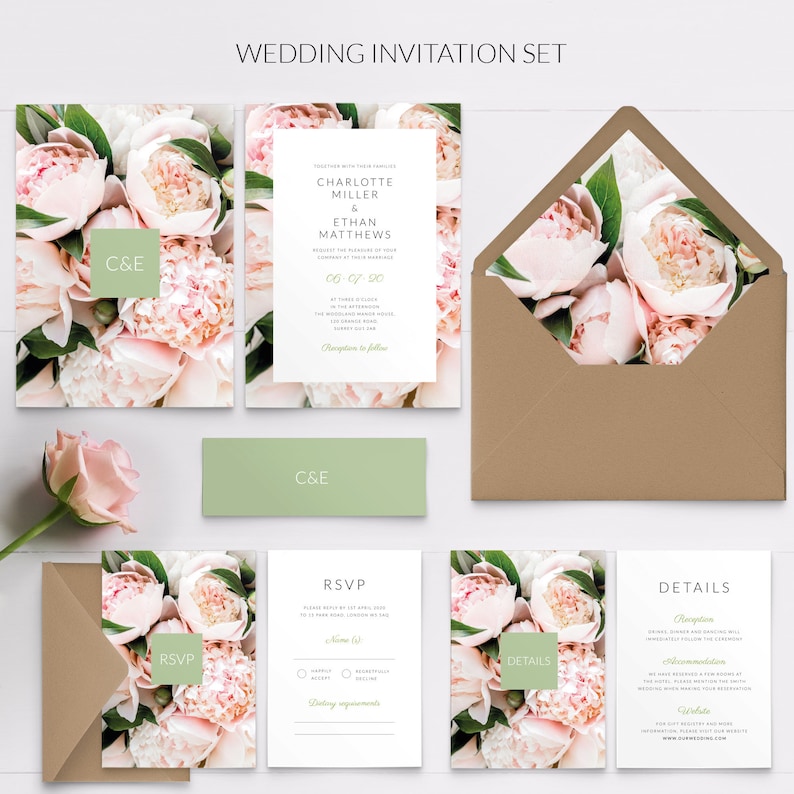 Rustic Floral Wedding Invitation Set, Pink Floral Wedding Invitation, Boho Wedding Invitations PRINTED on luxury paper Full Invitation Set