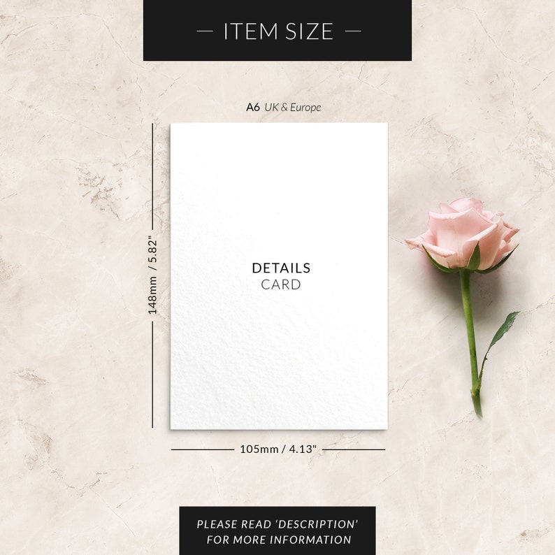 K&ouml;nnte beinhalten: Eine wei&szlig;e Karte mit dem Text "DETAILS CARD" darauf gedruckt. Die Karte ist 148 mm hoch und 105 mm breit. Die Karte liegt auf einer hellbraunen Oberfl&auml;che mit einer rosa Rose.