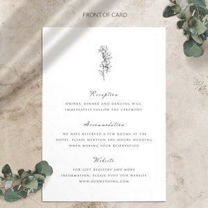 May include: A white wedding reception card with black text and a simple floral illustration. The card includes information about the reception, accommodation, and website for the wedding.