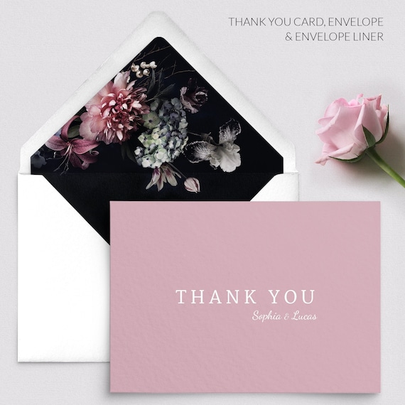 Dusty rose pink thank you cards - Wedding thank you cards folded - Thank you card template - Floral envelope liner optional - Printed cards Il_570xn