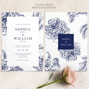 Navy blue wedding invitation SAMPLE Floral Wedding Invitation Wedding Invite PRINTED non-personalised sample image 2