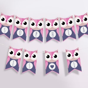 Girl Owl Bunting, Woodland Banner, Birthday Banner, 1st Birthday Girl, Nursery Bunting, Kids Party Decorations, INSTANT DOWNLOAD Printable
