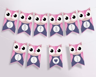 Meisje Uil Bunting, Woodland Banner, Verjaardag Banner, 1e verjaardag meisje, Kwekerij Bunting, Kids Party Decoraties, INSTANT DOWNLOAD Afdrukbaar