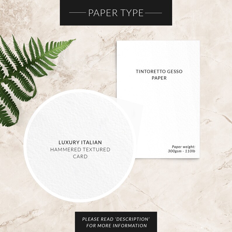 K&ouml;nnte beinhalten: Eine wei&szlig;e Karte mit dem Text "TINTORETTO GESSO PAPER" und "Paper weight: 300gsm - 110lb". Eine kreisf&ouml;rmige Nahaufnahme zeigt die Textur der "LUXURY ITALIAN HAMMERED TEXTURED CARD". Der Text "PAPER TYPE" steht oben.