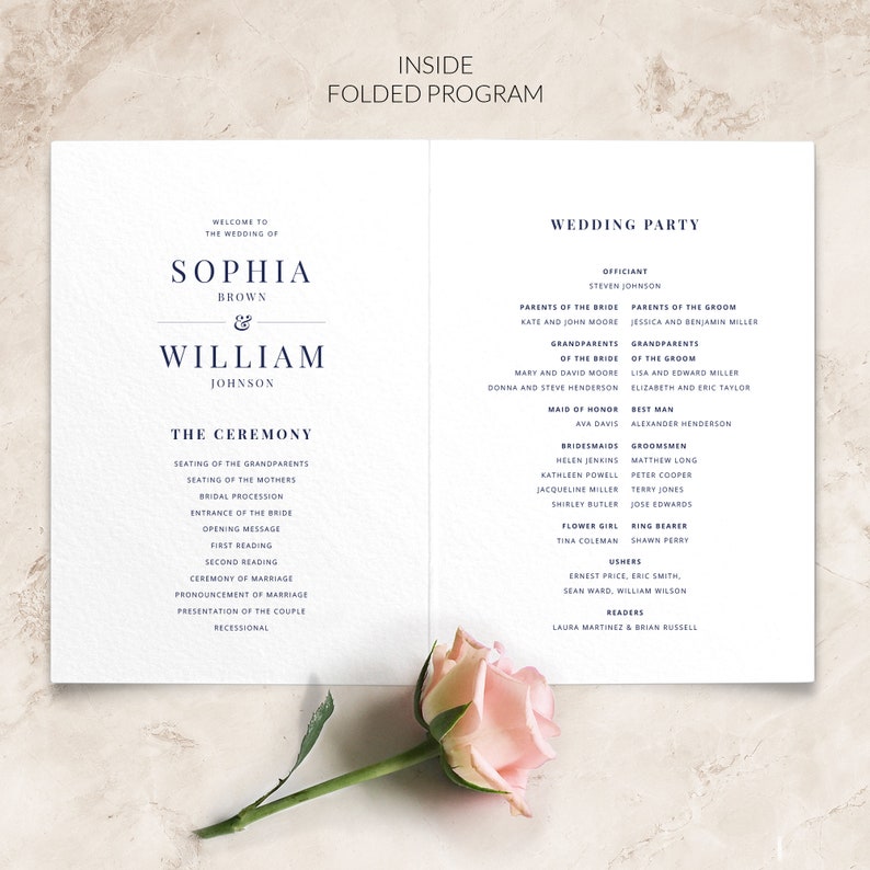 Navy wedding programs folded Floral order of service Wedding program template folded Printed wedding programs image 3