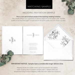 May include: A sample wedding invitation suite with a floral design. The invitation features the names "Victoria" and "Samuel" and the text "Reception to follow". The matching envelope features a floral design.