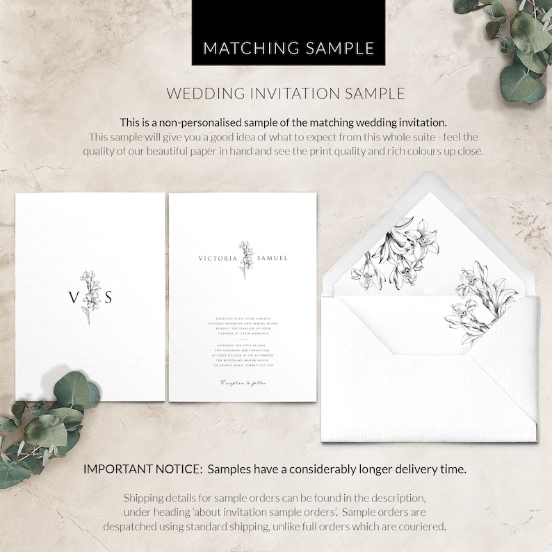 May include: A sample wedding invitation suite with a floral design. The invitation features the names "Victoria" and "Samuel" and the text "Reception to follow". The matching envelope features a floral design.