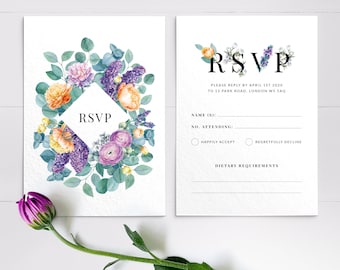 Cartes RSVP pour mariage - Cartes RSVP pour faire-part de mariage floral, carte de réponse bohème - Cartes RSVP imprimées personnalisées