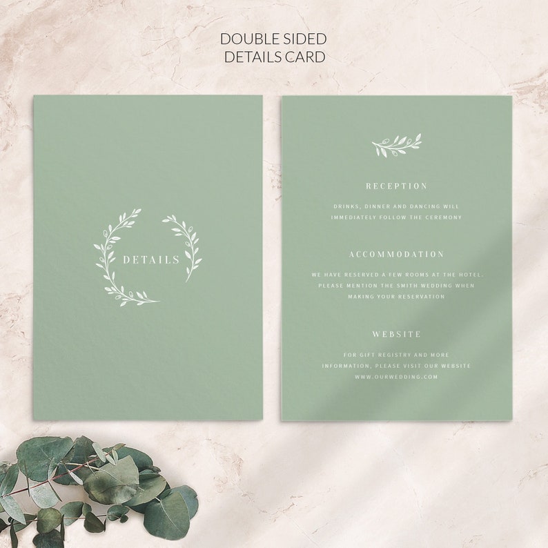 Details card Greenery wedding invitation details card Olive branch wedding details card Wedding info card Printed Cards image 1