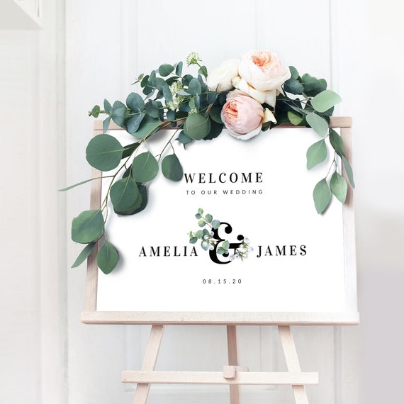 Greenery wedding welcome sign printable, welcome to our wedding sign ...