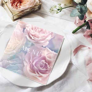 Blozen roze bloemen bruiloft menu - bruiloft menusjabloon - gevouwen bruiloftsmenu - roze roos bruiloftsmenu afgedrukt