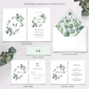 Eucalyptus wedding invitation template suite, botanical greenery invitation set, Personalised PRINTABLE digital PDFs