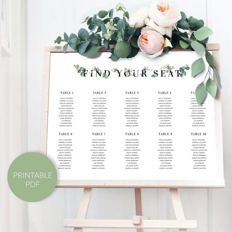 Wedding Seating Chart Board Seating Plan Template Eucalyptus Seating Chart Template Table Seating Plan PRINTABLE digital PDF image 1