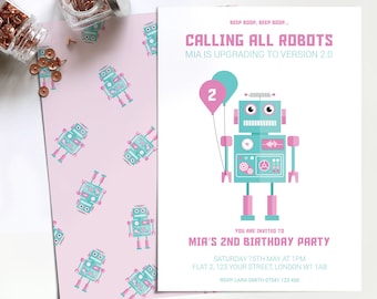 Birthday Invitations, Girl Robot Invitation, Space Invitation, Personalized digital PDF PRINTABLES