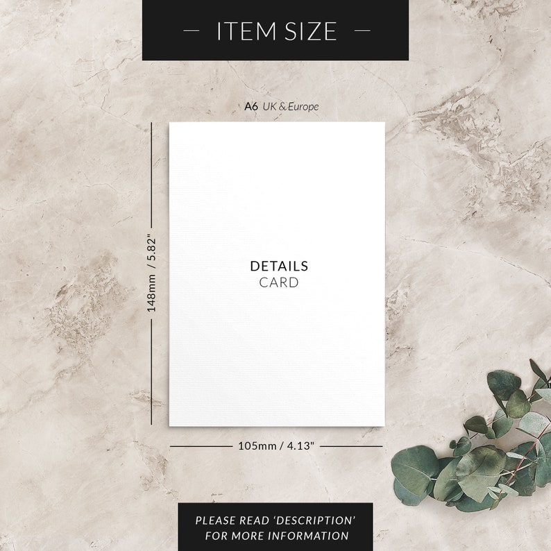 May include: A white card with the text "DETAILS CARD" printed on it. The card measures 5.82 inches by 4.13 inches. The card is on a light brown background with a green plant in the corner.