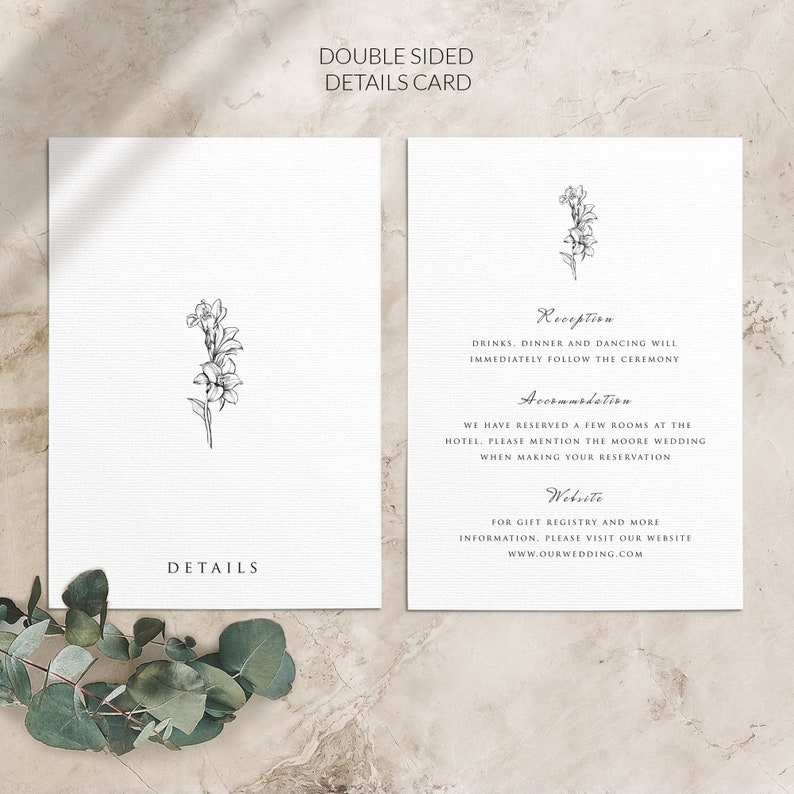 May include: Double-sided wedding details card with a floral design. The front side says "Details" and the back side has information about the reception, accommodation, and website.