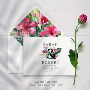 Tropische Save The Date Hochzeit in Urlaubsziel - Blumenhochzeit Save The Dates - Personalisierte Save The Date Karten