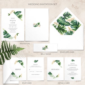 K&ouml;nnte beinhalten: Ein Hochzeitskarten-Set mit tropischem Blattdesign. Das Set enth&auml;lt eine Einladung, eine RSVP-Karte, eine Detailkarte, einen Umschlagliner und ein Bauchband. Auf der Einladung steht "Olivia & Liam" und "Sept 17 / 2020".