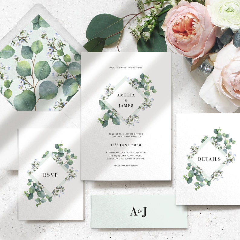 Greenery Eucalyptus Wedding Invitation Wedding Invitation Set Botanical Winter Wedding Invitation PRINTED on luxury Italian paper image 1