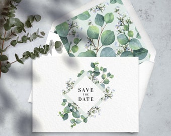 Eucalyptus Save The Date Cards, Wedding Save The Dates, Greenery Save The Dates, Personalized Printed Cards