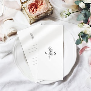 Minimalistische Hochzeitsmenükarten, Blumenhochzeitsmenü, Hochzeitsdekor, personalisiertes gedrucktes Menü.