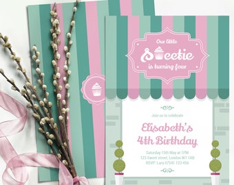 Invitations d'anniversaire - Invitations du 1er anniversaire pour les filles - Invitation de fête imprimable personnalisée - Invitations de fête de Cupcake - Boutique de bonbons